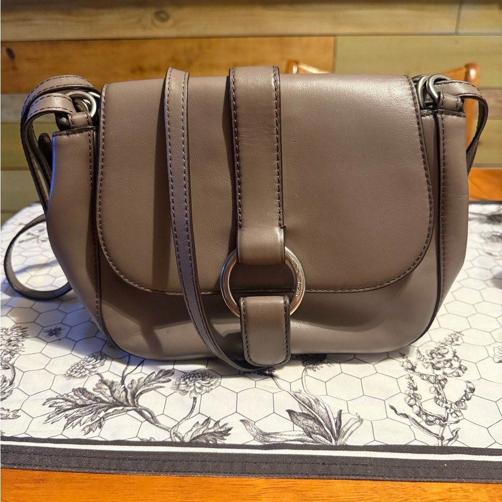 Michael Kors Quincy Boho Medium Leather Saddlebag Grey Silver Hardware